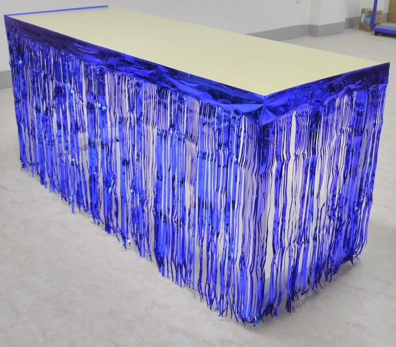 Blukey Set of 2 Metallic Foil Fringe Table Skirt 29x108 Inch Tinsel Disposable Skirting for Parade Floats Trailer, Mardi Gras Party, Birthday, Baby Shower, Wedding (Blue) - Image 3